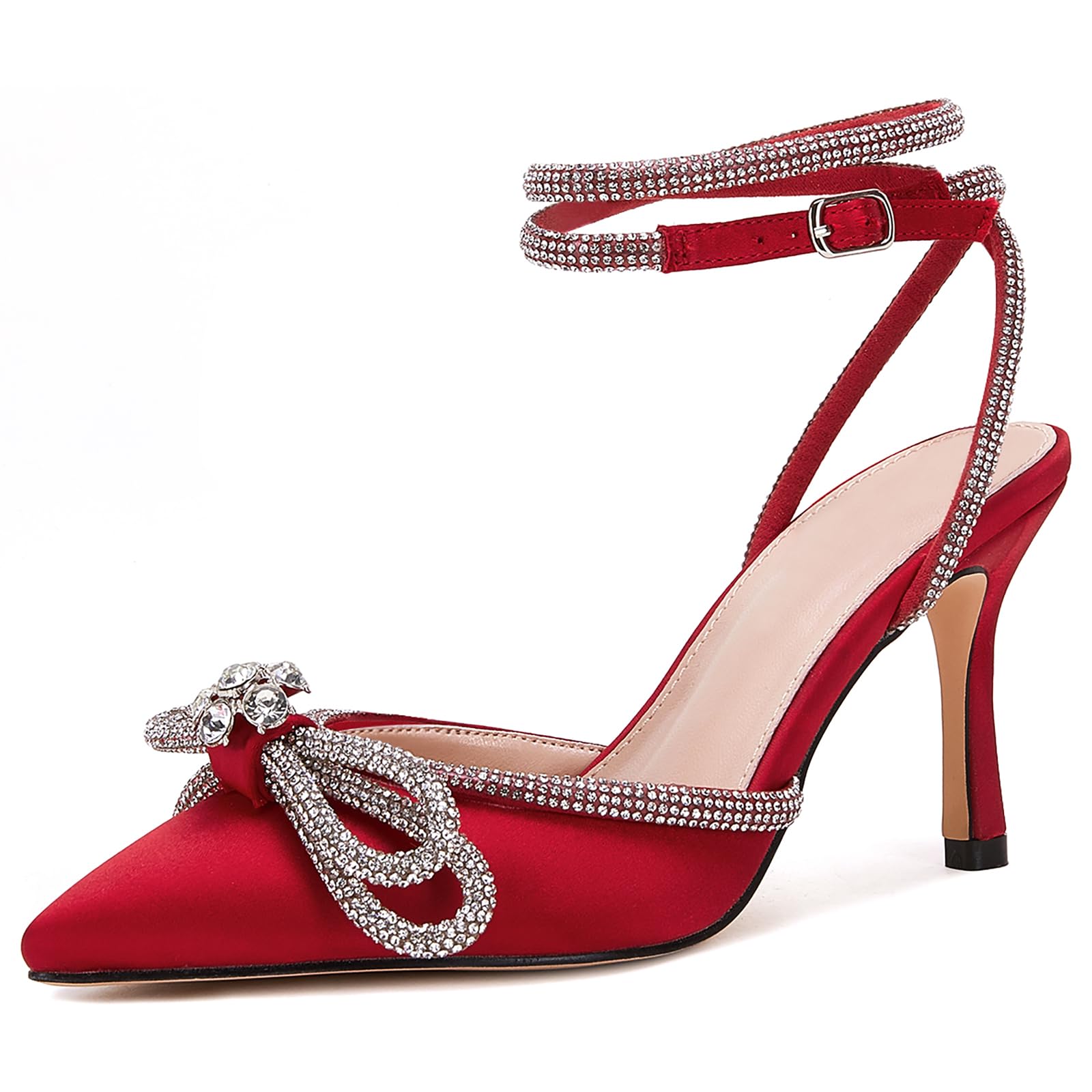 VETASTE Women's Double Bow Pointed Toe Ankle Strap Crystal Pumps Wedding Bridal Party Stilettos Backless Satin Heeled Sandals,Wine Red, Size 8.5